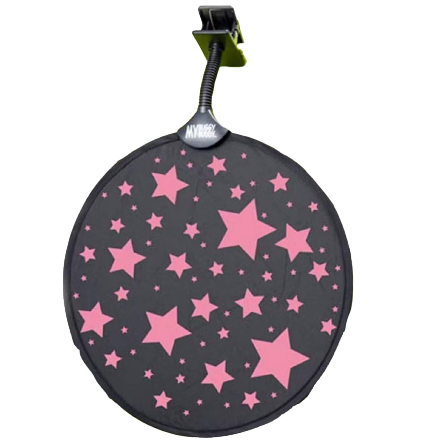 My Buggy Buddy Sunshade in pink stars design, showing a round shade with flexible neck and clip attachment for use on a pram or stroller.