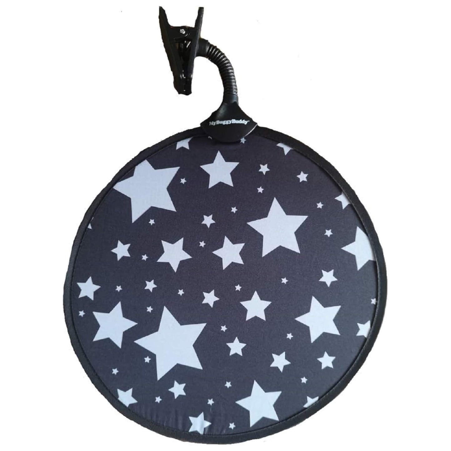 My Buggy Buddy Sunshade in Silver stars design, showing a round shade with flexible neck and clip attachment for use on a pram or stroller.