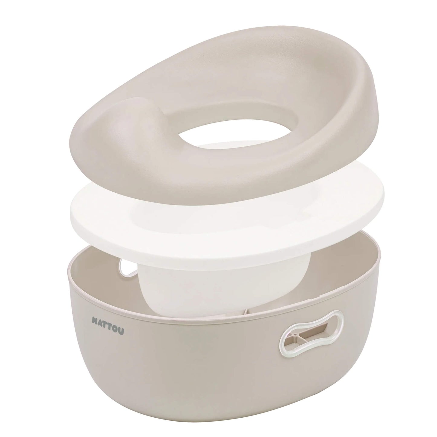 A beige potty shown in separated layers, including the cushioned top seat, a flat white lid section and an inner removable bowl inside the base.