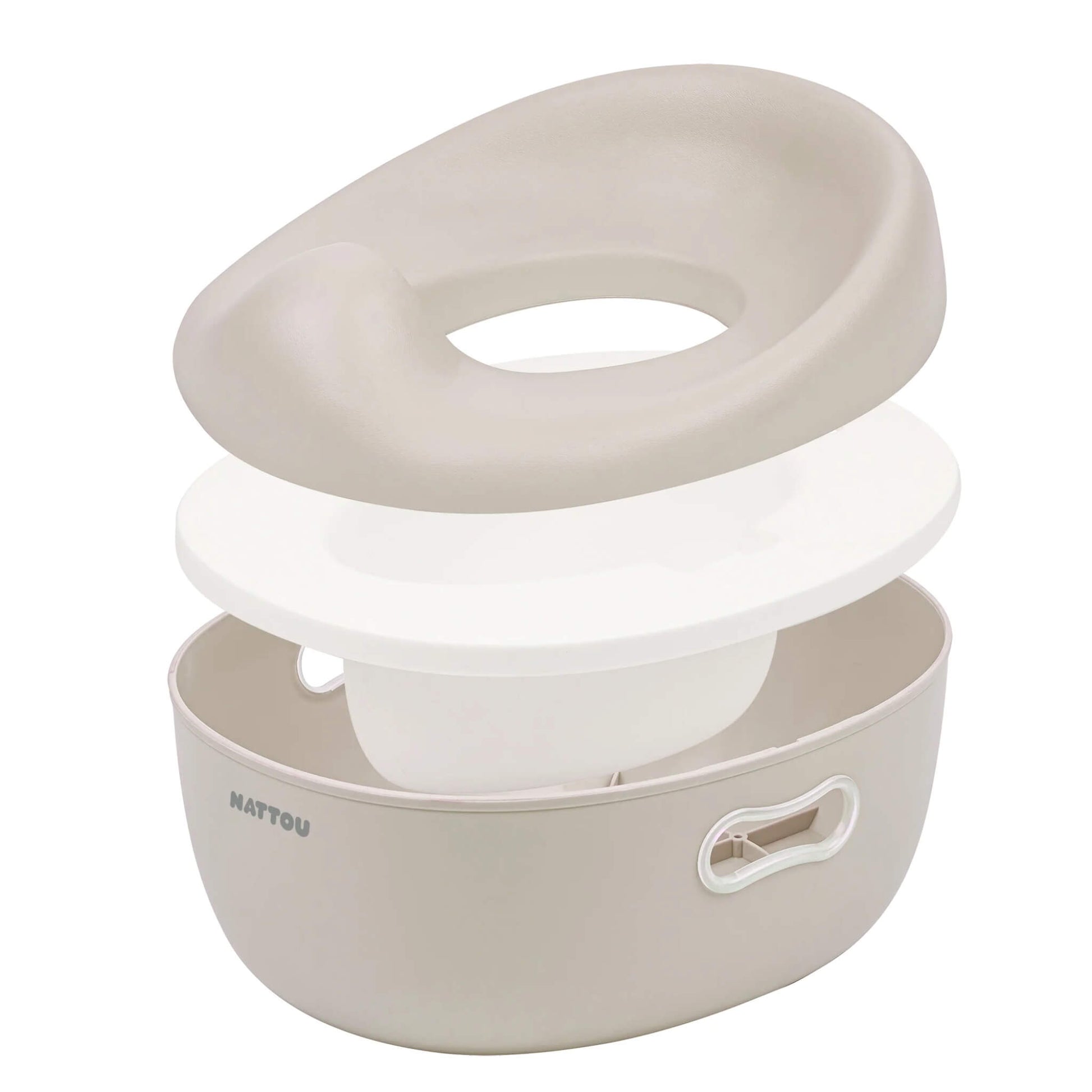 A beige potty shown in separated layers, including the cushioned top seat, a flat white lid section and an inner removable bowl inside the base.