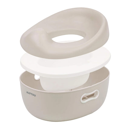 A beige potty shown in separated layers, including the cushioned top seat, a flat white lid section and an inner removable bowl inside the base.