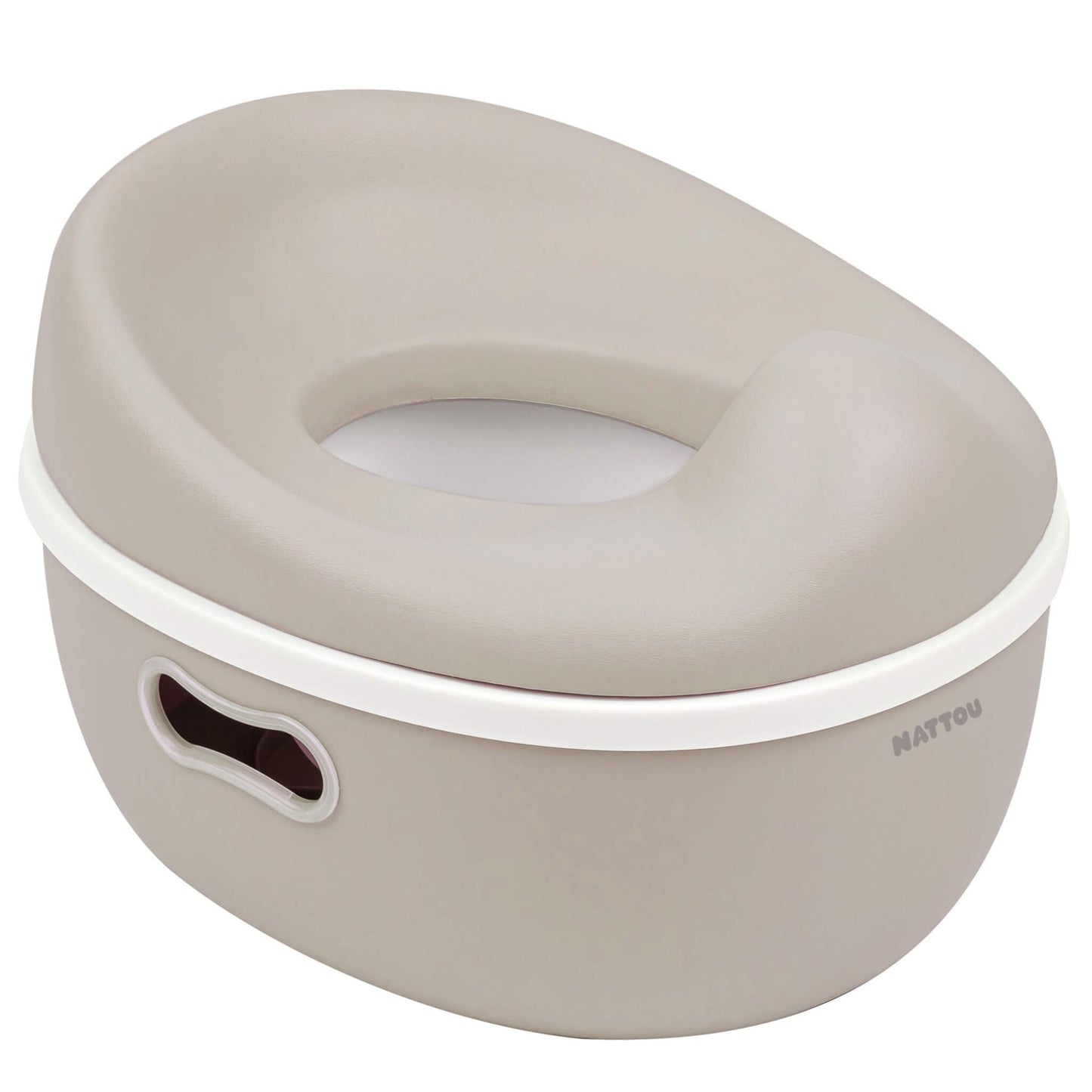 A beige potty shown from an angled view with the contoured seat fitted securely onto the base and an oval cut-out on the side.