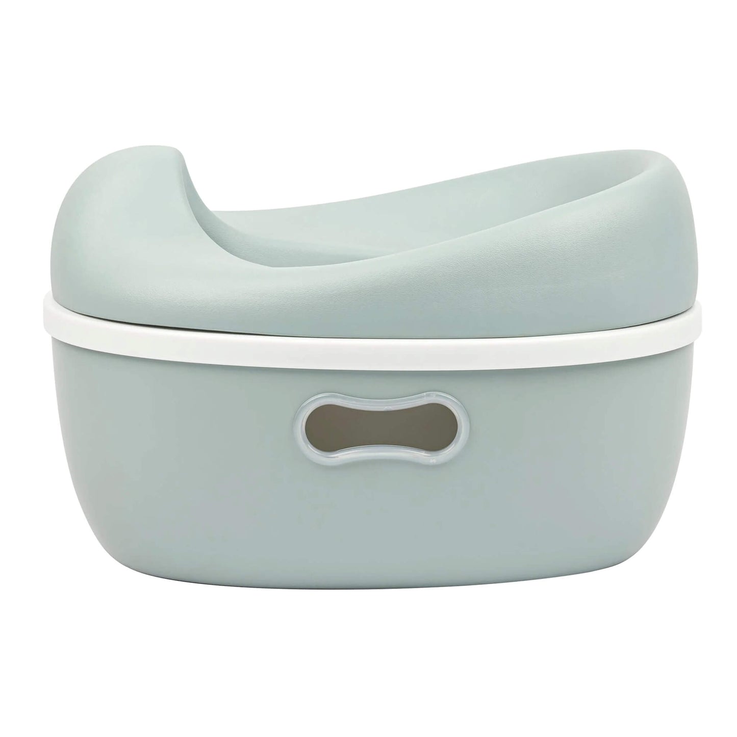 A Nattou 3-in-1 potty in soft green shown fully assembled, with a smooth contoured seat and an oval handle cut-out on the base.
