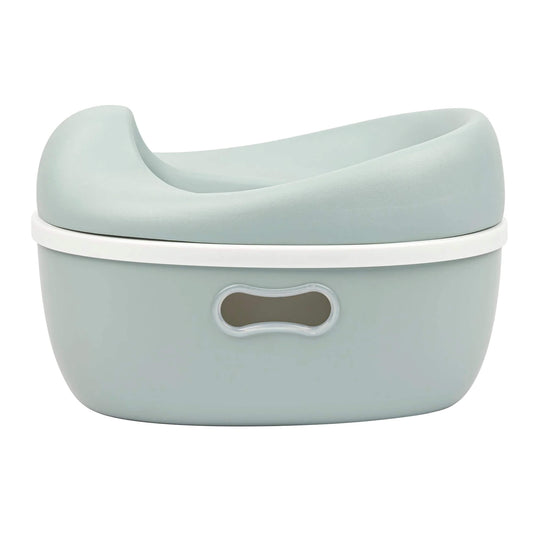 A Nattou 3-in-1 potty in soft green shown fully assembled, with a smooth contoured seat and an oval handle cut-out on the base.