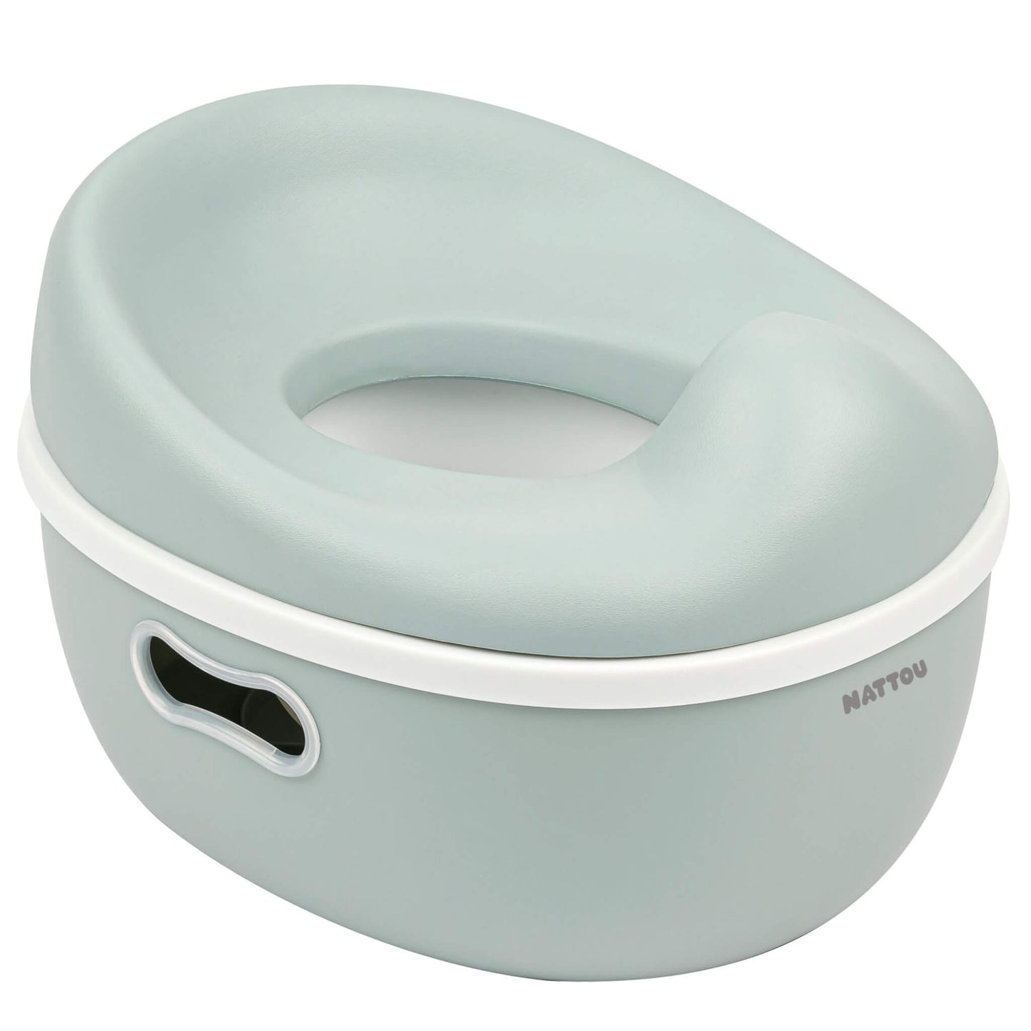 A soft green potty viewed from an angle, showing the contoured top seat fitted securely onto the base with an oval side cut-out.