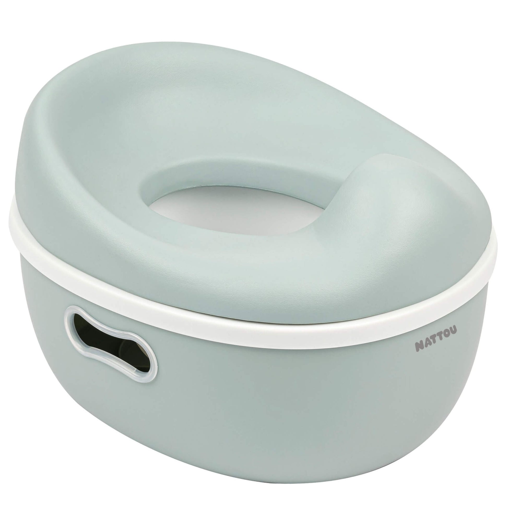 A soft green potty viewed from an angle, showing the contoured top seat fitted securely onto the base with an oval side cut-out.