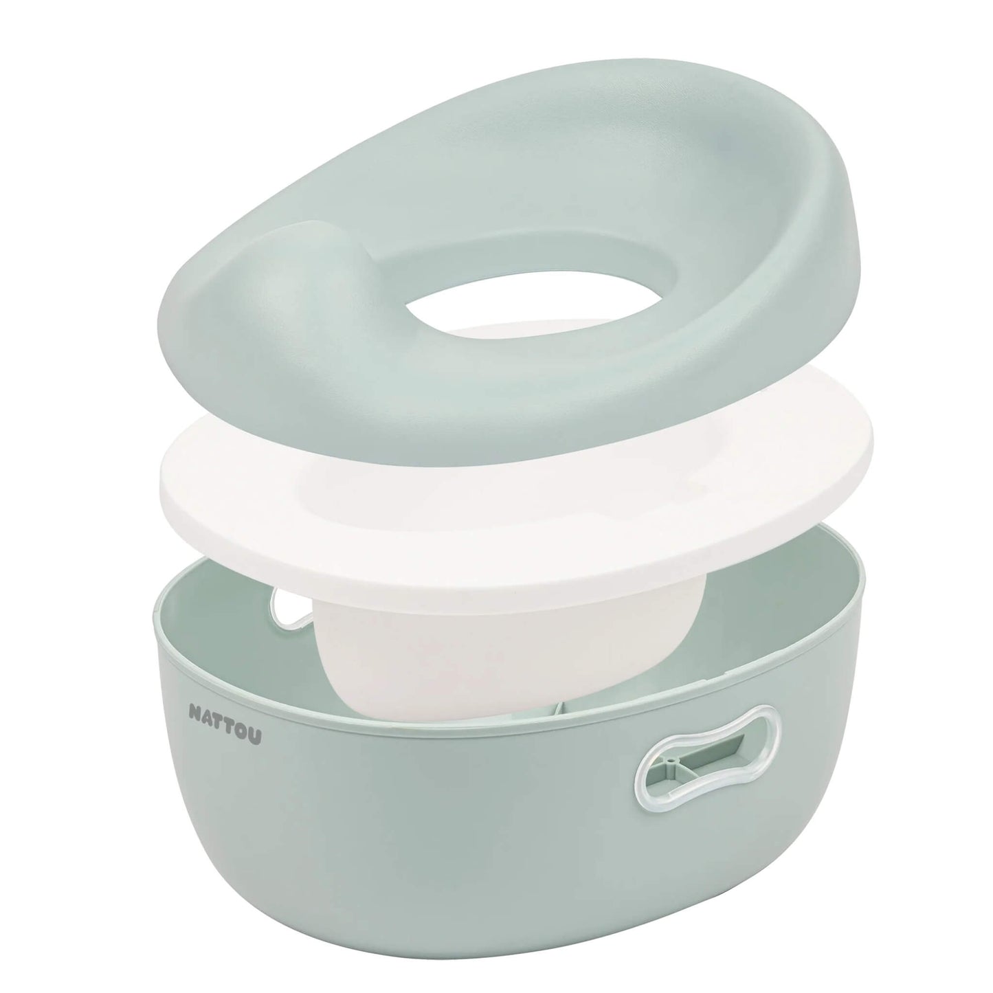 A soft green potty displayed in separated layers, including the cushioned top seat, a flat white lid section and a removable inner bowl resting inside the base.