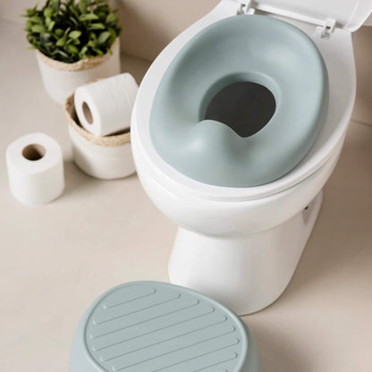 A soft green potty seat positioned on a standard toilet, with rolls of toilet paper and small plant baskets in the background.