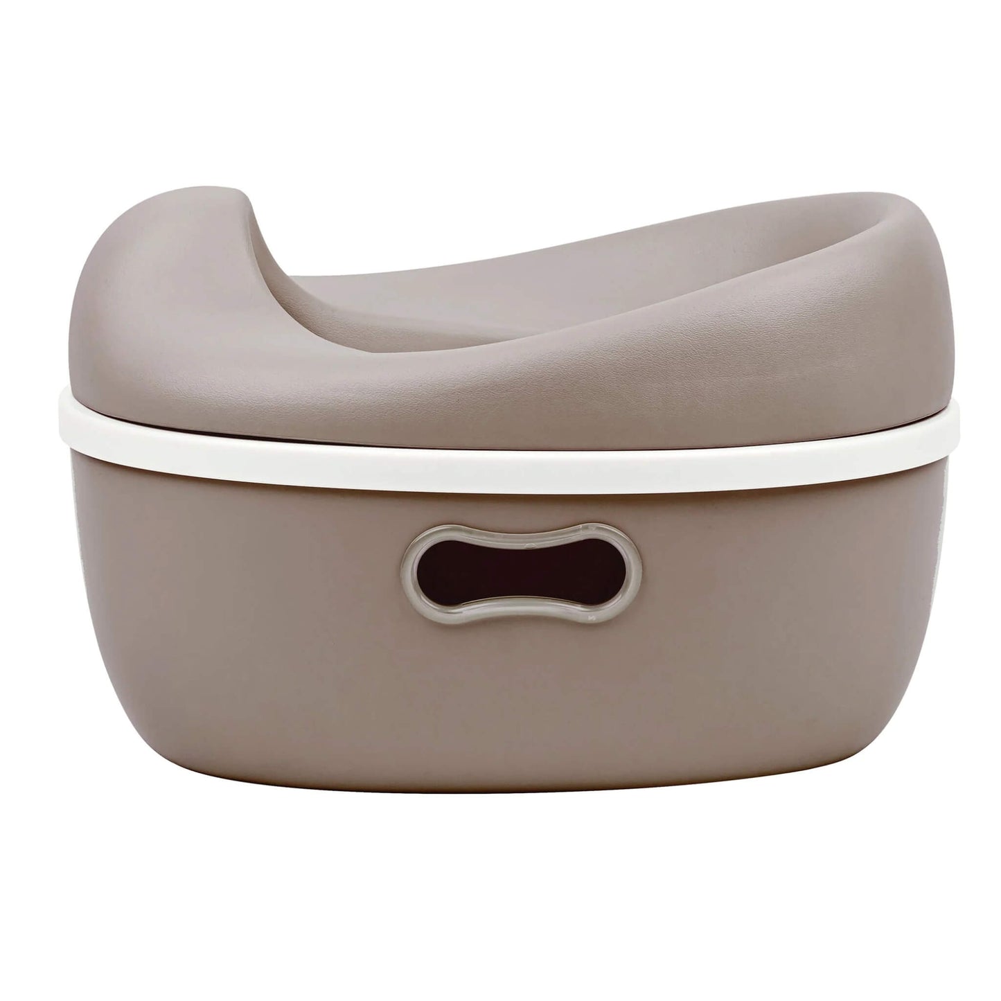 A Nattou 3-in-1 potty in taupe shown fully assembled, with a smooth contoured seat and an oval handle cut-out on the base.