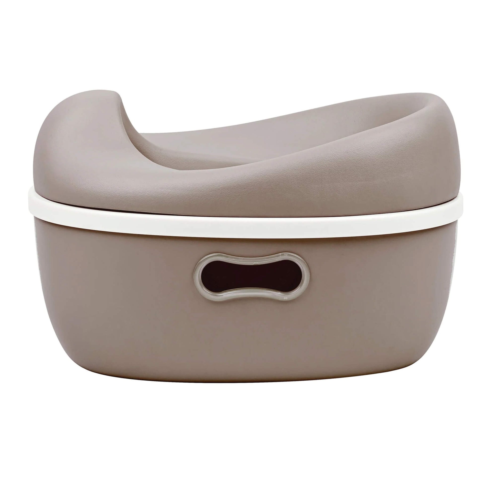 A Nattou 3-in-1 potty in taupe shown fully assembled, with a smooth contoured seat and an oval handle cut-out on the base.
