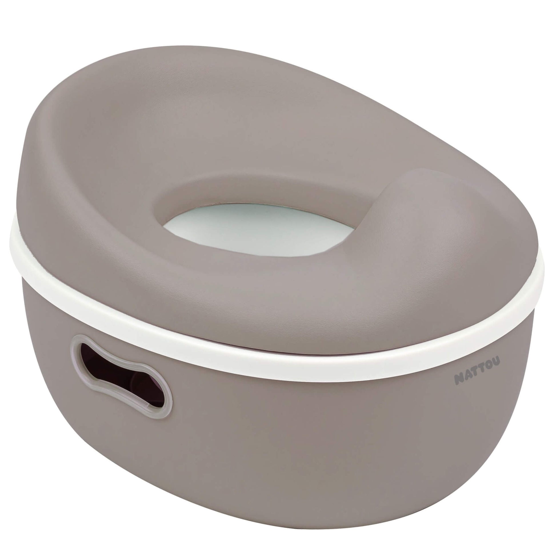 A taupe potty viewed from an angle, showing the contoured top seat fitted securely onto the base with an oval side cut-out.