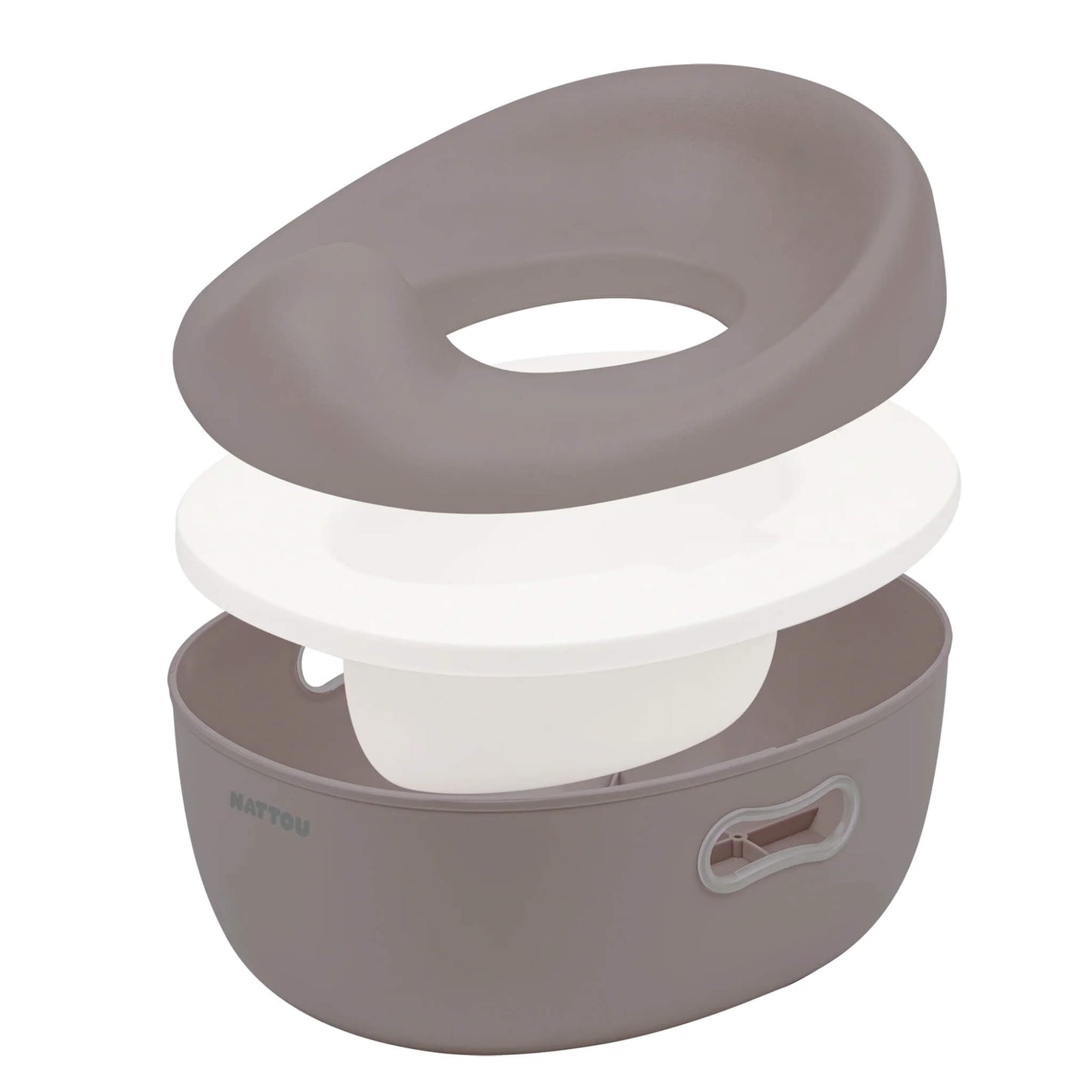 A taupe potty displayed in separated layers, showing the cushioned top seat, a white lid section and the removable inner bowl resting inside the base.