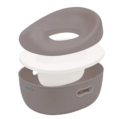 A taupe potty displayed in separated layers, showing the cushioned top seat, a white lid section and the removable inner bowl resting inside the base.