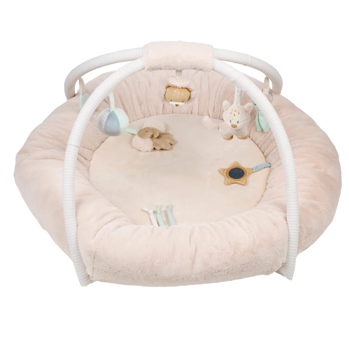 Nattou Stuffed Playmat with Arches Flo, Ernest and Oli featuring a round padded baby nest in soft beige plush with two white arches and hanging sensory toys including animal characters, mirror and fabric shapes.