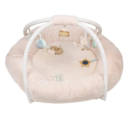 Nattou Stuffed Playmat with Arches Flo, Ernest and Oli featuring a round padded baby nest in soft beige plush with two white arches and hanging sensory toys including animal characters, mirror and fabric shapes.