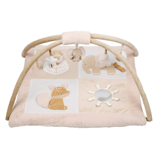 Flo, Ernest and Oli  Nattou Playmat with Arches soft padded baby activity mat with beige arches, hanging toys and stitched animal panels for sensory floor play.