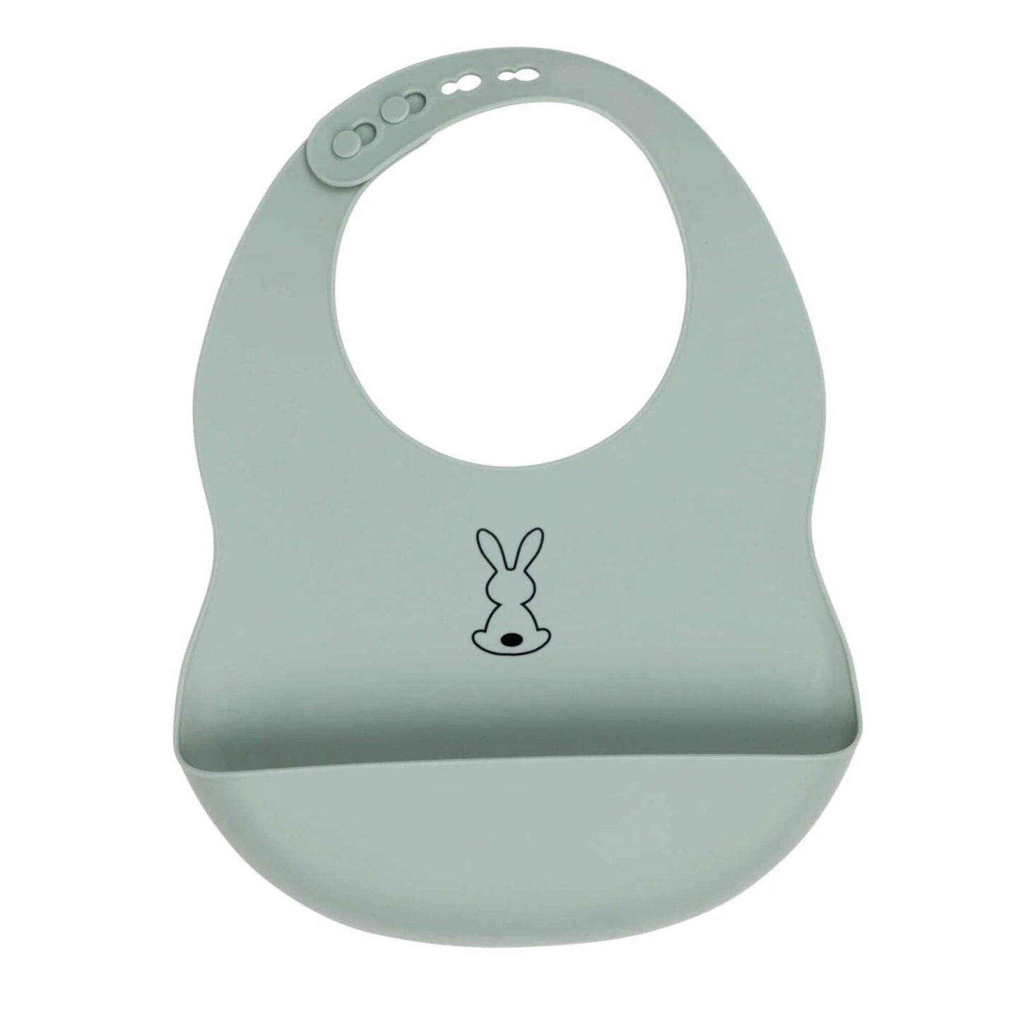 Sage green Nattou Silicone Bib shown laid flat, with its adjustable neck fastenings and deep food-catching pocket visible at the front.
