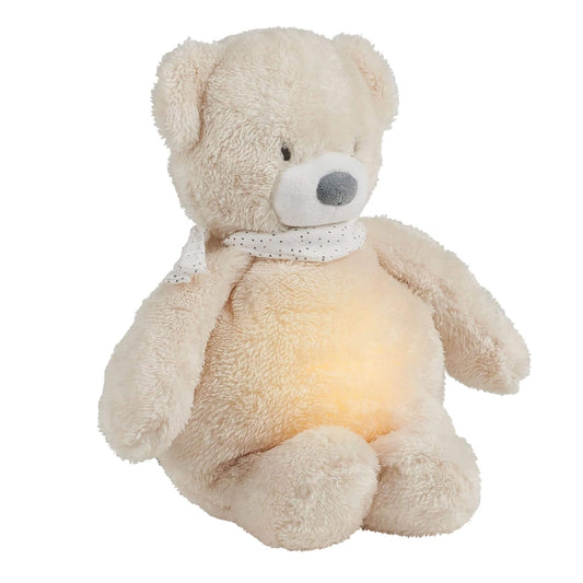 Nattou Sleepy cuddly bear nightlight with a gentle glow in its belly, wearing a white polka-dot scarf. 