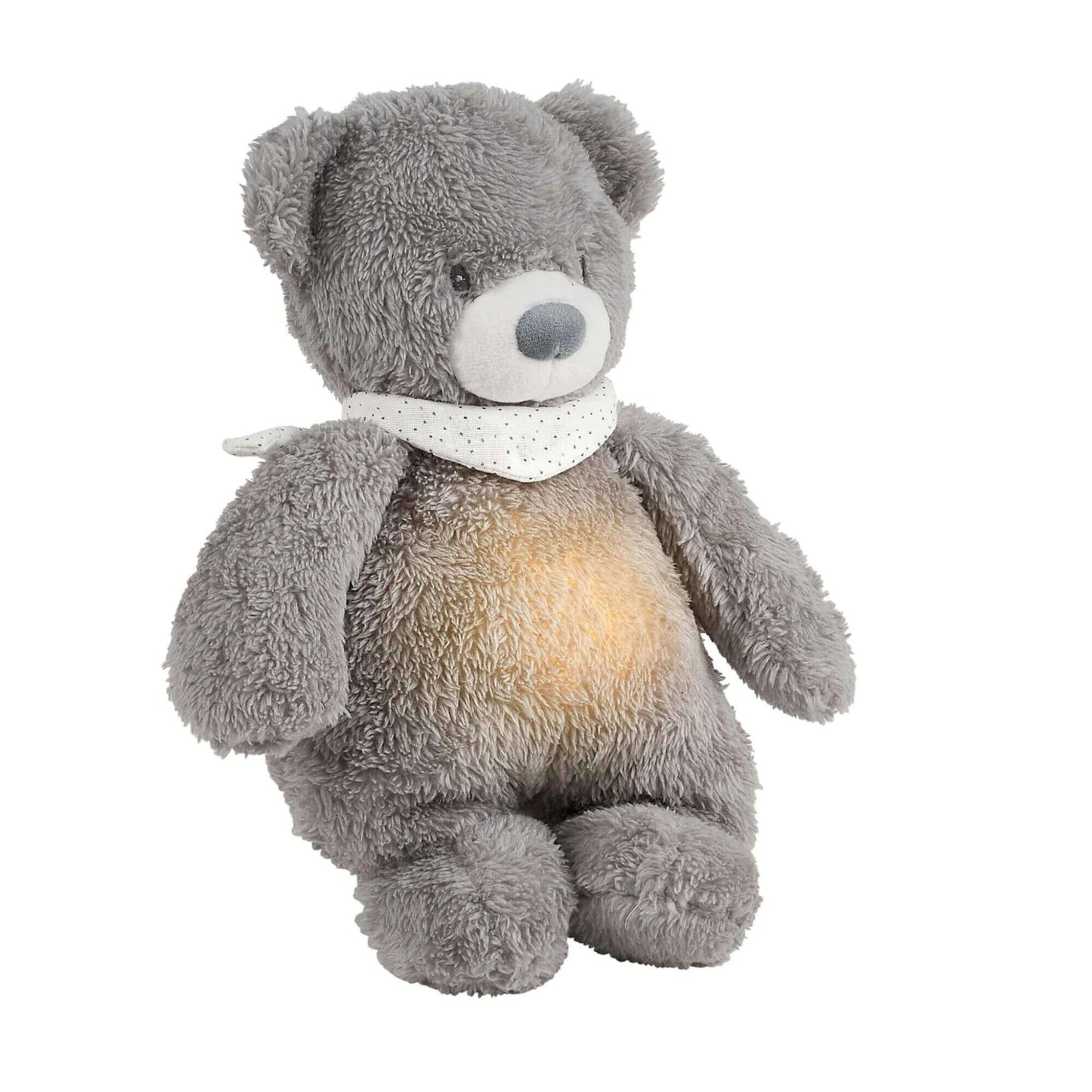 Nattou Sleepy cuddly bear nightlight with a gentle glow in its belly, wearing a white polka-dot scarf.