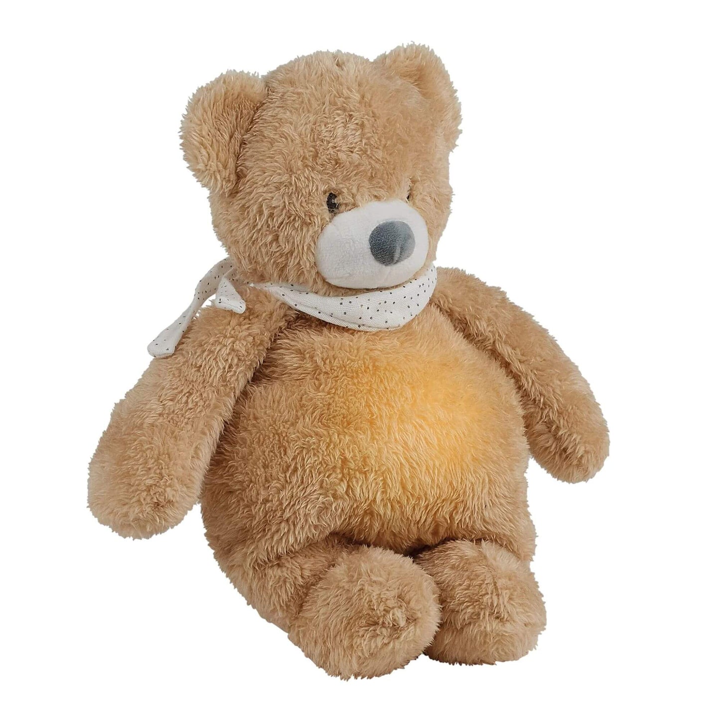 Pale brown Nattou Sleepy cuddly bear nightlight with a gentle glow in its belly, wearing a white polka-dot scarf.