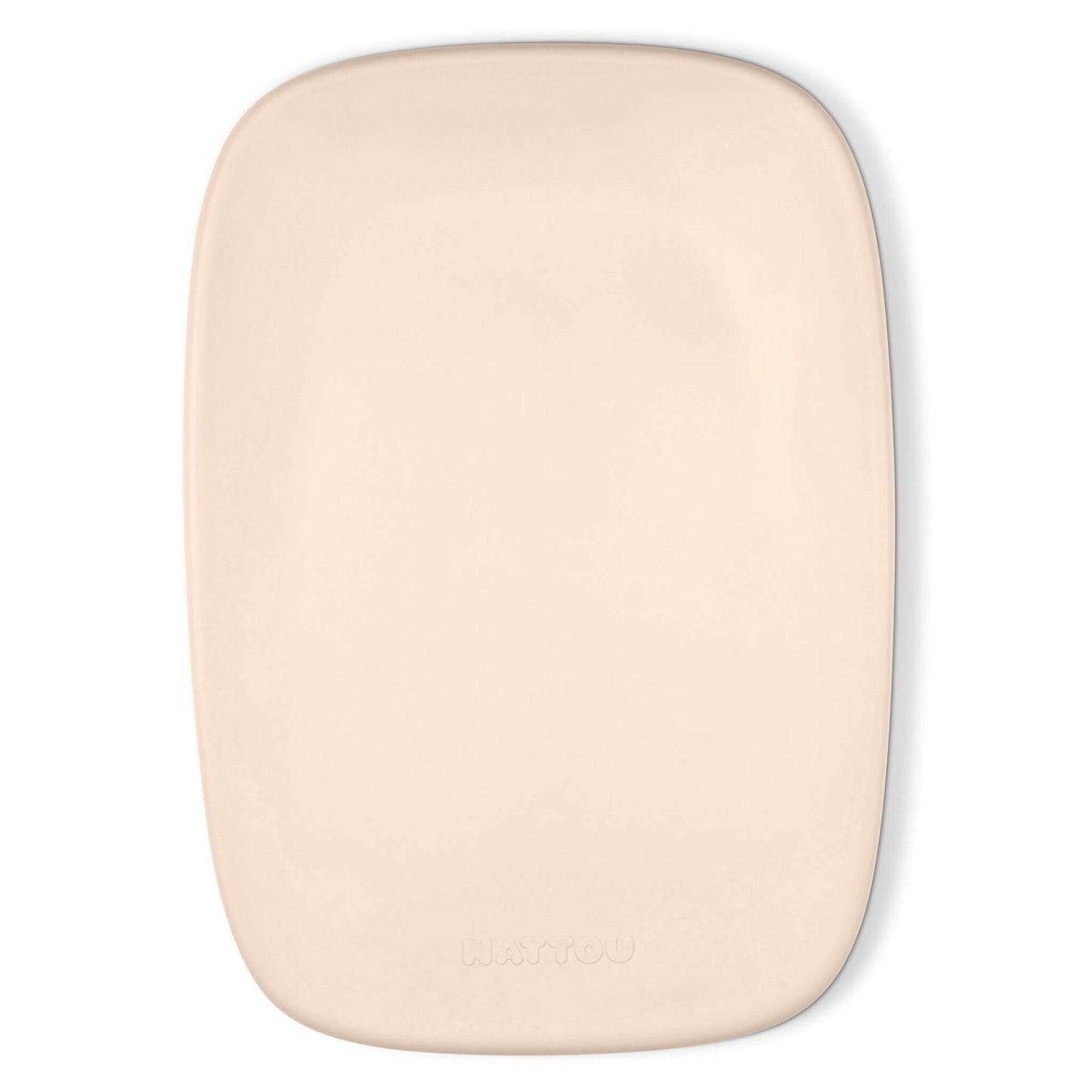 Beige contoured changing pad photographed from above with a smooth surface and rounded corners.