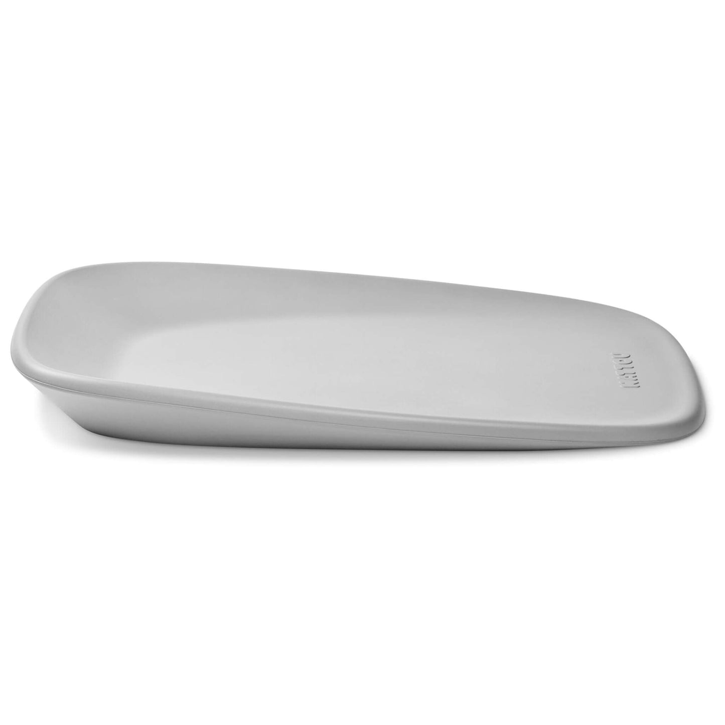 Angled side view of a grey changing pad showing its curved shape and raised sides.