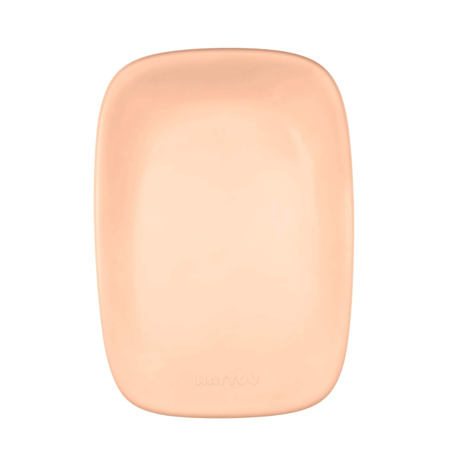A top-down view of a peach coloured nappy changing pad with curved corners and a smooth recessed centre.