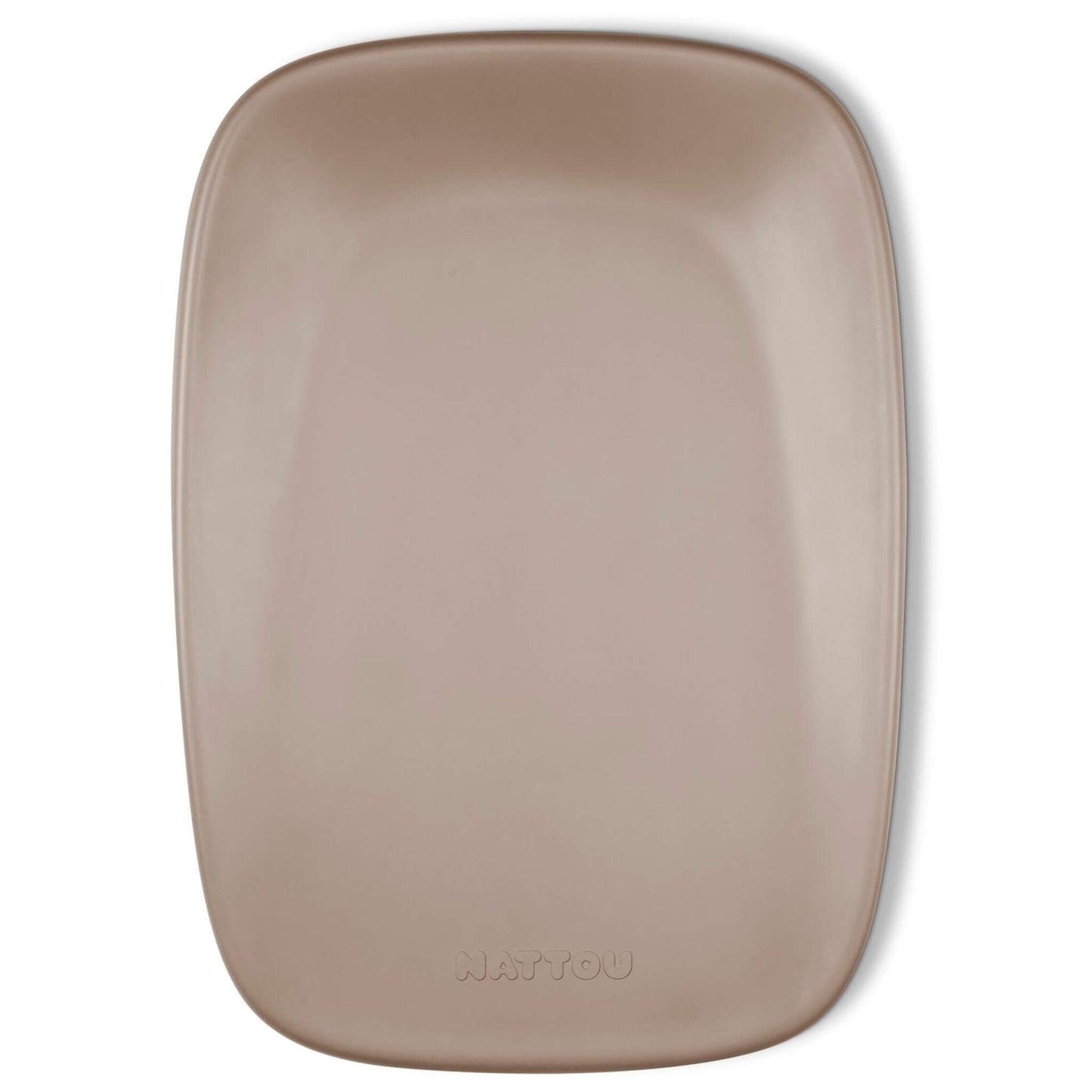 Taupe contoured changing pad photographed from above with a smooth surface and rounded corners.