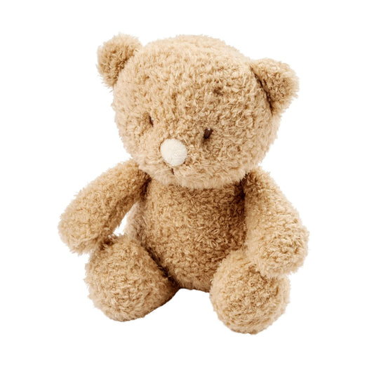 Nattou Teddy Baby Bear shown sitting upright, made from soft beige teddy fabric with a rounded nose and simple stitched features.