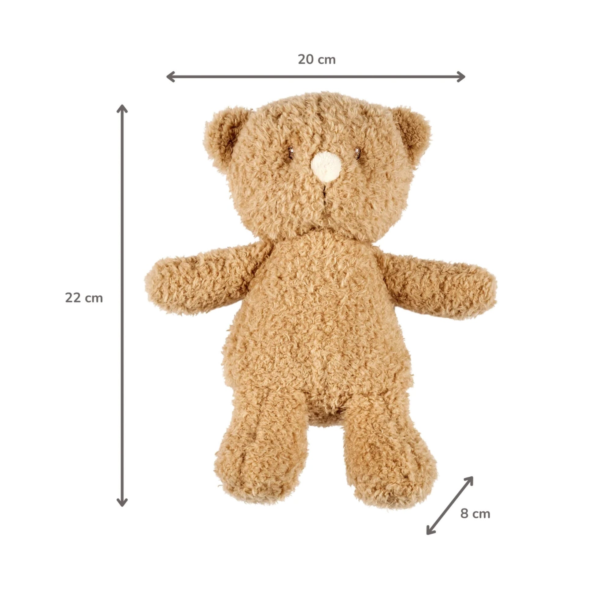 Beige teddy bear laid flat with measurement arrows indicating 22 centimetres in height, 20 centimetres across the arms and 8 centimetres across the legs.
