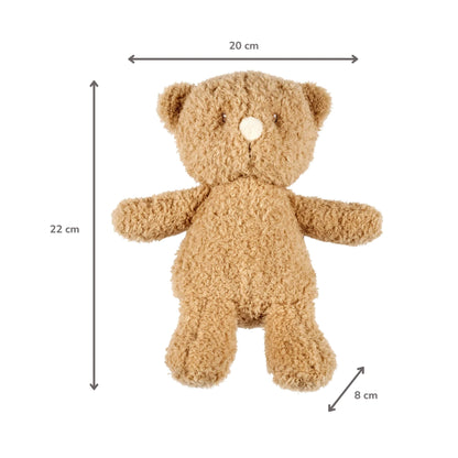 Beige teddy bear laid flat with measurement arrows indicating 22 centimetres in height, 20 centimetres across the arms and 8 centimetres across the legs.