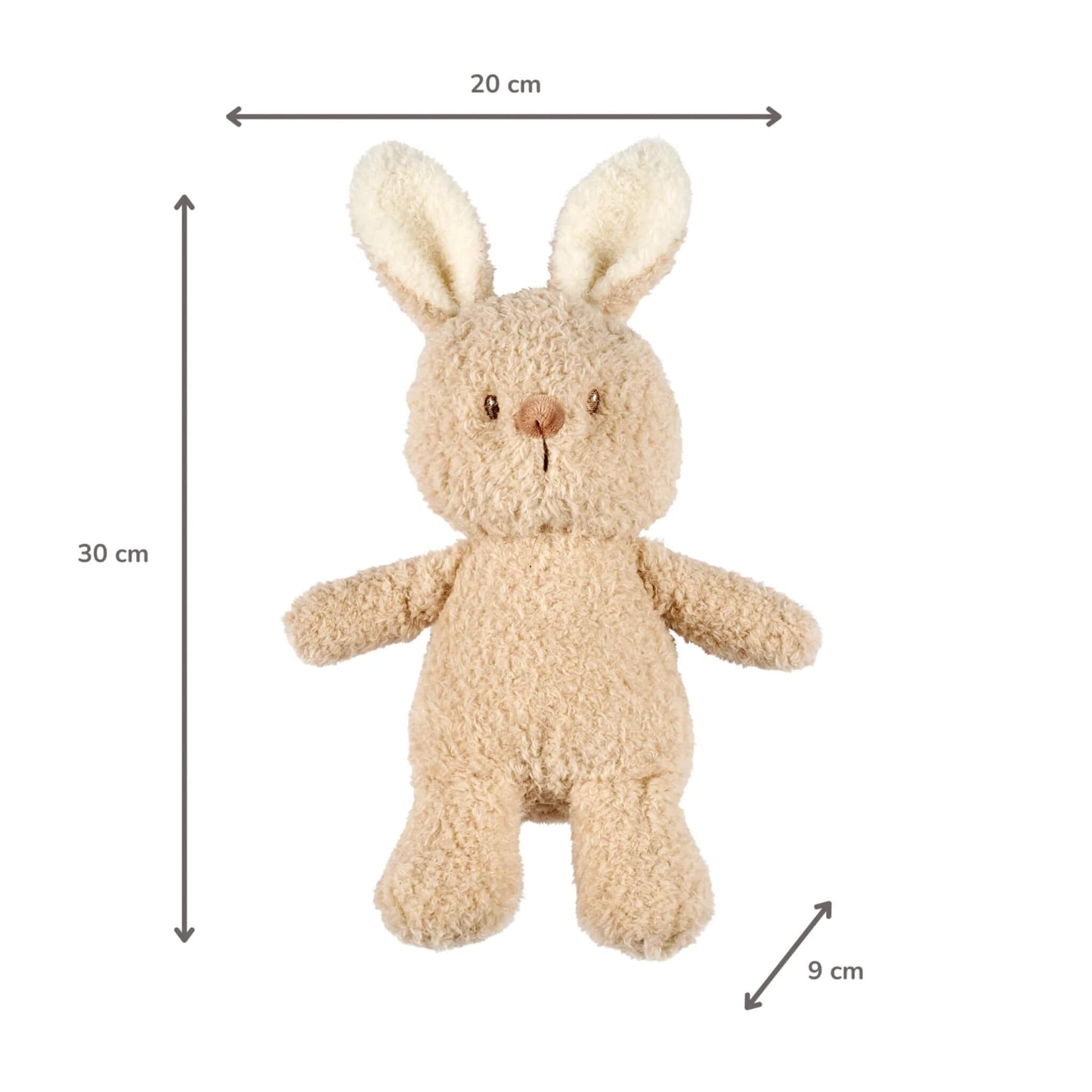 A beige plush bunny shown flat with measurements indicating its height, width and depth.