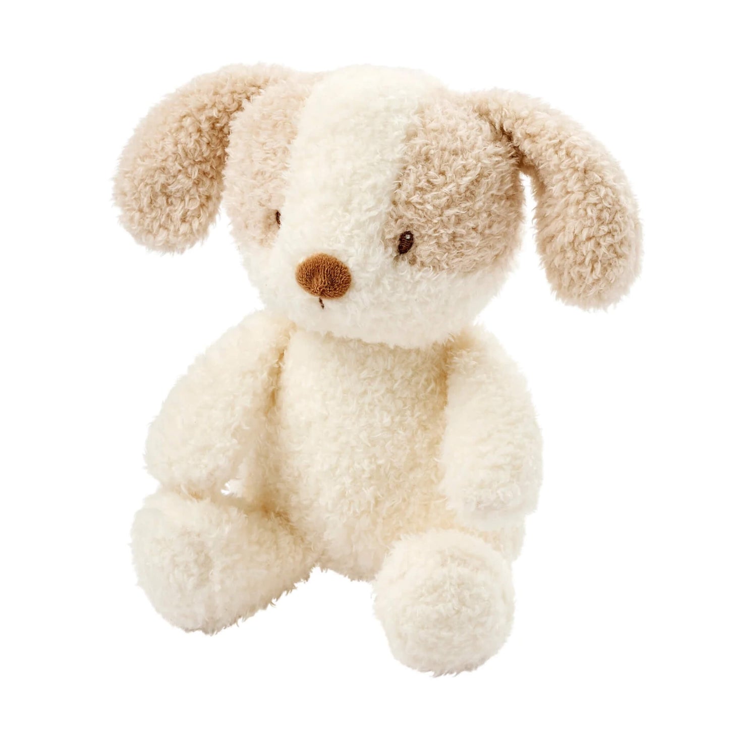 The Nattou Teddy Baby Dog soft toy shown sitting upright with floppy textured ears and a cream and beige teddy-fabric body.