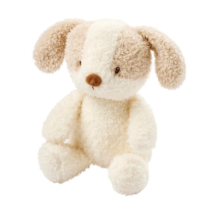 The Nattou Teddy Baby Dog soft toy shown sitting upright with floppy textured ears and a cream and beige teddy-fabric body.