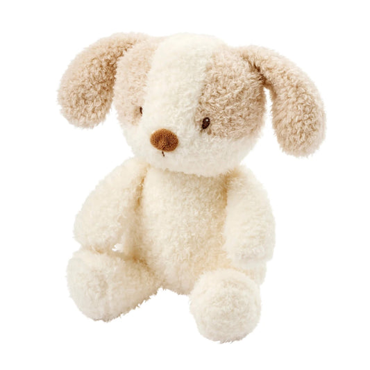 The Nattou Teddy Baby Dog soft toy shown sitting upright with floppy textured ears and a cream and beige teddy-fabric body.