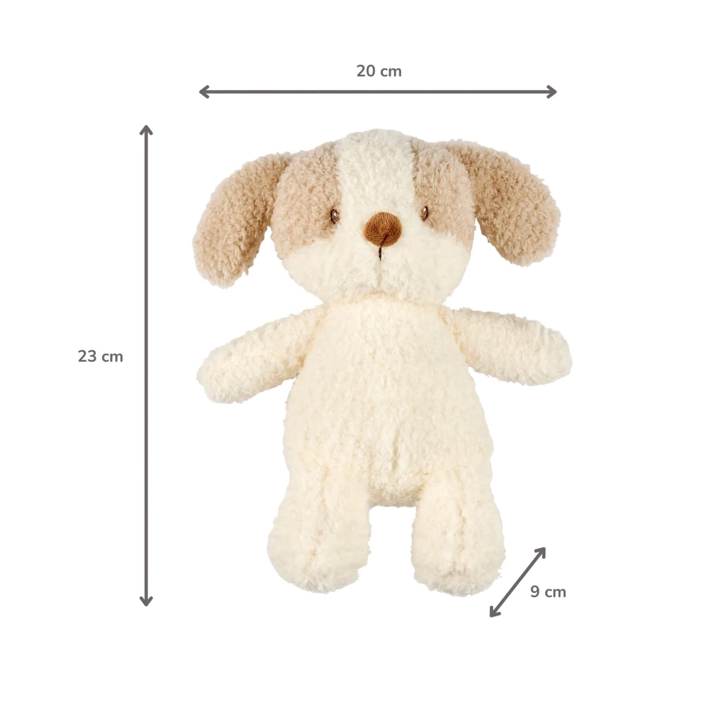 A cream and beige dog soft toy photographed flat with measurement arrows indicating height, width and depth.