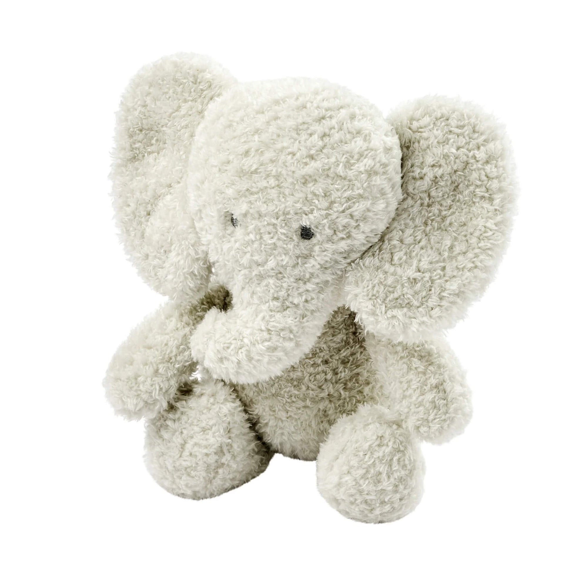 Nattou Teddy Baby Elephant soft plush toy shown sitting upright with large floppy ears, a curved trunk and textured teddy fabric in a pale grey tone.