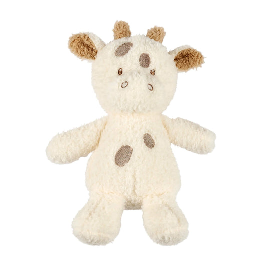 Nattou Teddy Baby Giraffe plush toy shown upright with soft cream fur, brown embroidered spots and small textured horns, designed as a gentle cuddle companion for babies.