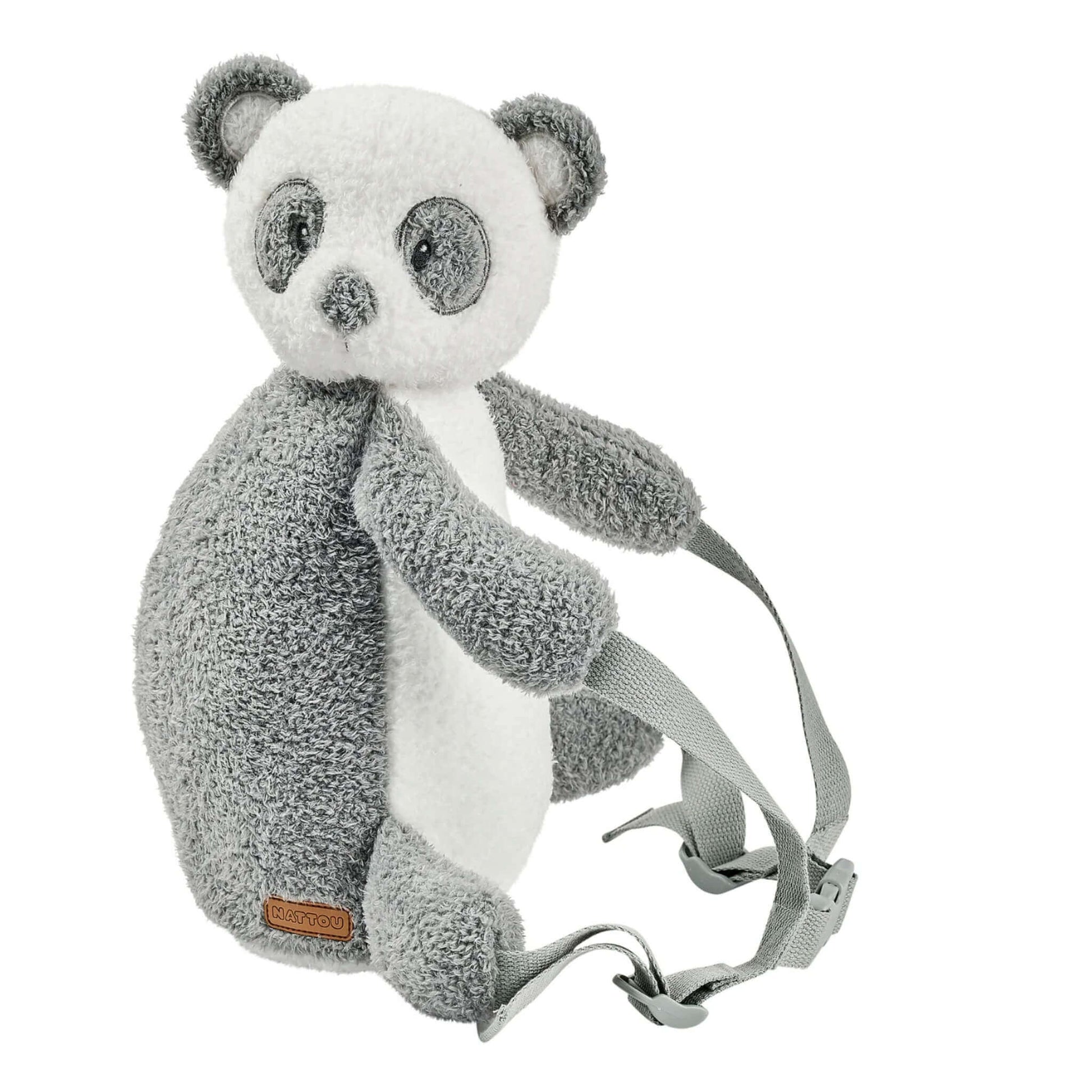 A panda design Nattou Teddy Backpack Cuddly shown upright with soft textured fabric, plush panda head and arms, side zip and adjustable grey straps.