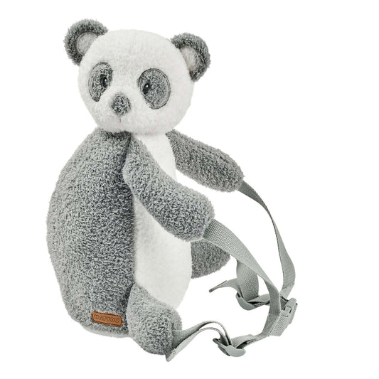 A panda design Nattou Teddy Backpack Cuddly shown upright with soft textured fabric, plush panda head and arms, side zip and adjustable grey straps.