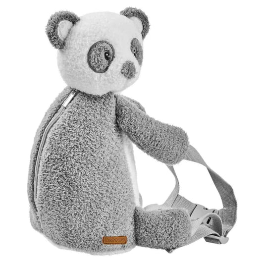 A soft panda-shaped toddler backpack shown from the side, with textured grey fabric, a plush head and a zip running along the back panel.