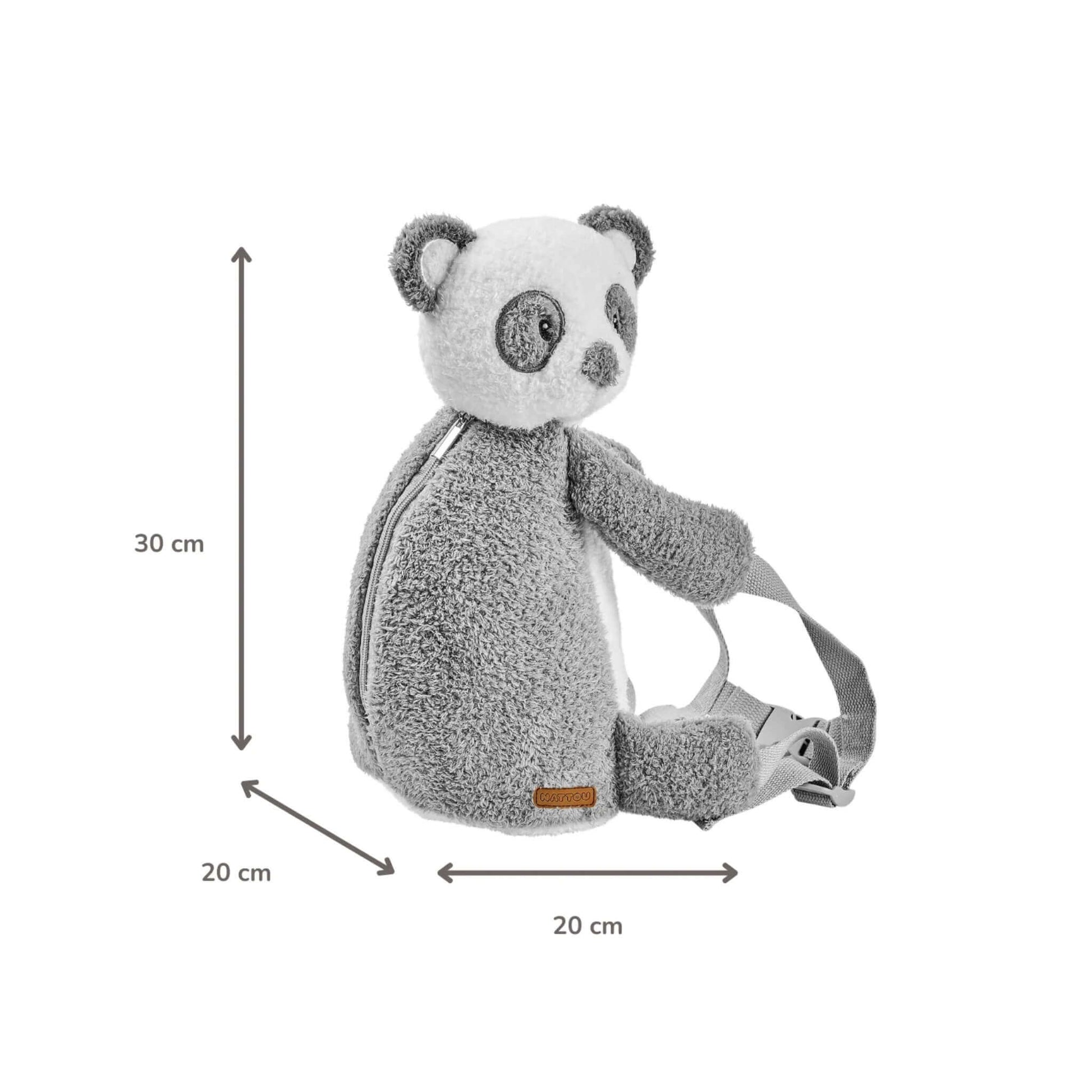 A panda-shaped toddler backpack shown with measurement arrows indicating a height of 30 cm and width of 20 cm.