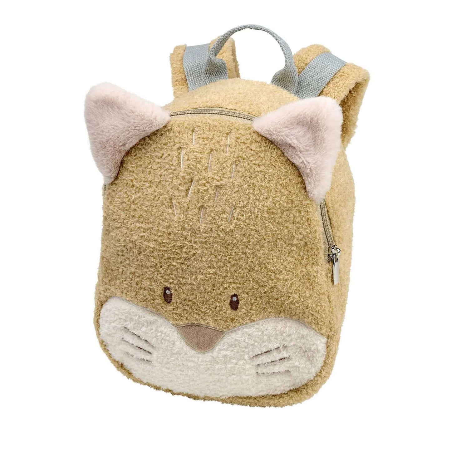 Nattou Teddy Backpack with friendly fox design shown upright with soft teddy fabric, embroidered facial details, plush ears and a top zip fastening.