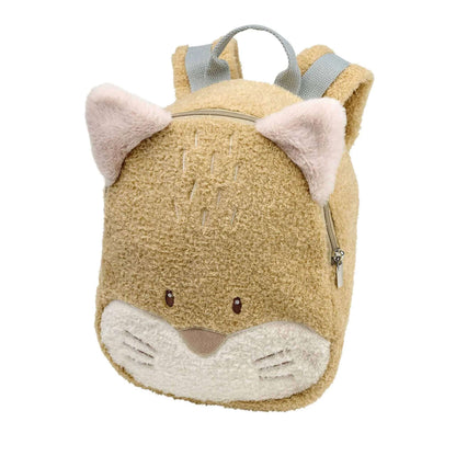 Nattou Teddy Backpack with friendly fox design shown upright with soft teddy fabric, embroidered facial details, plush ears and a top zip fastening.