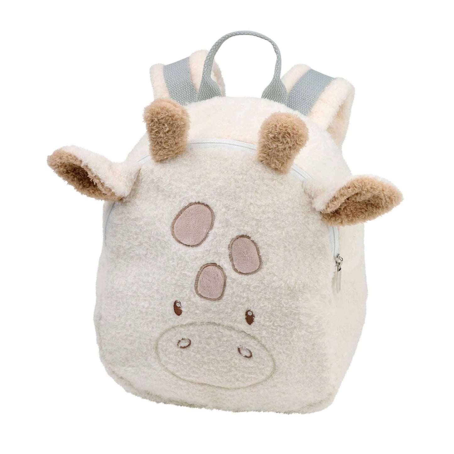 Giraffe design Nattou Teddy Backpack shown upright with soft plush fabric, embroidered facial details, small horns and a top zip fastening.
