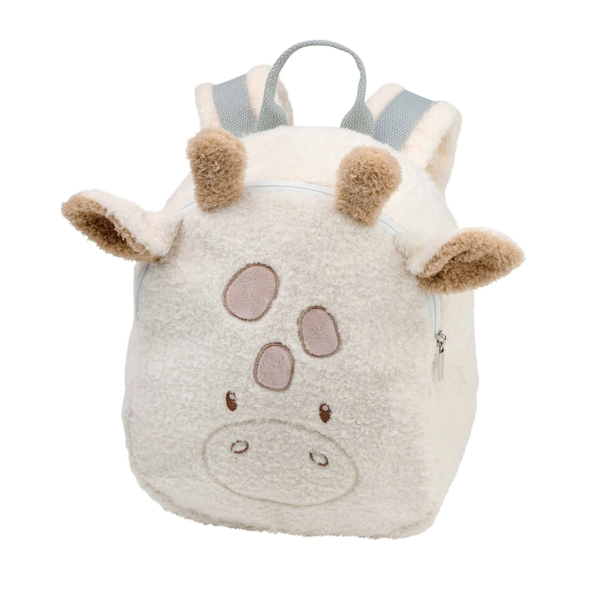 Giraffe design Nattou Teddy Backpack shown upright with soft plush fabric, embroidered facial details, small horns and a top zip fastening.