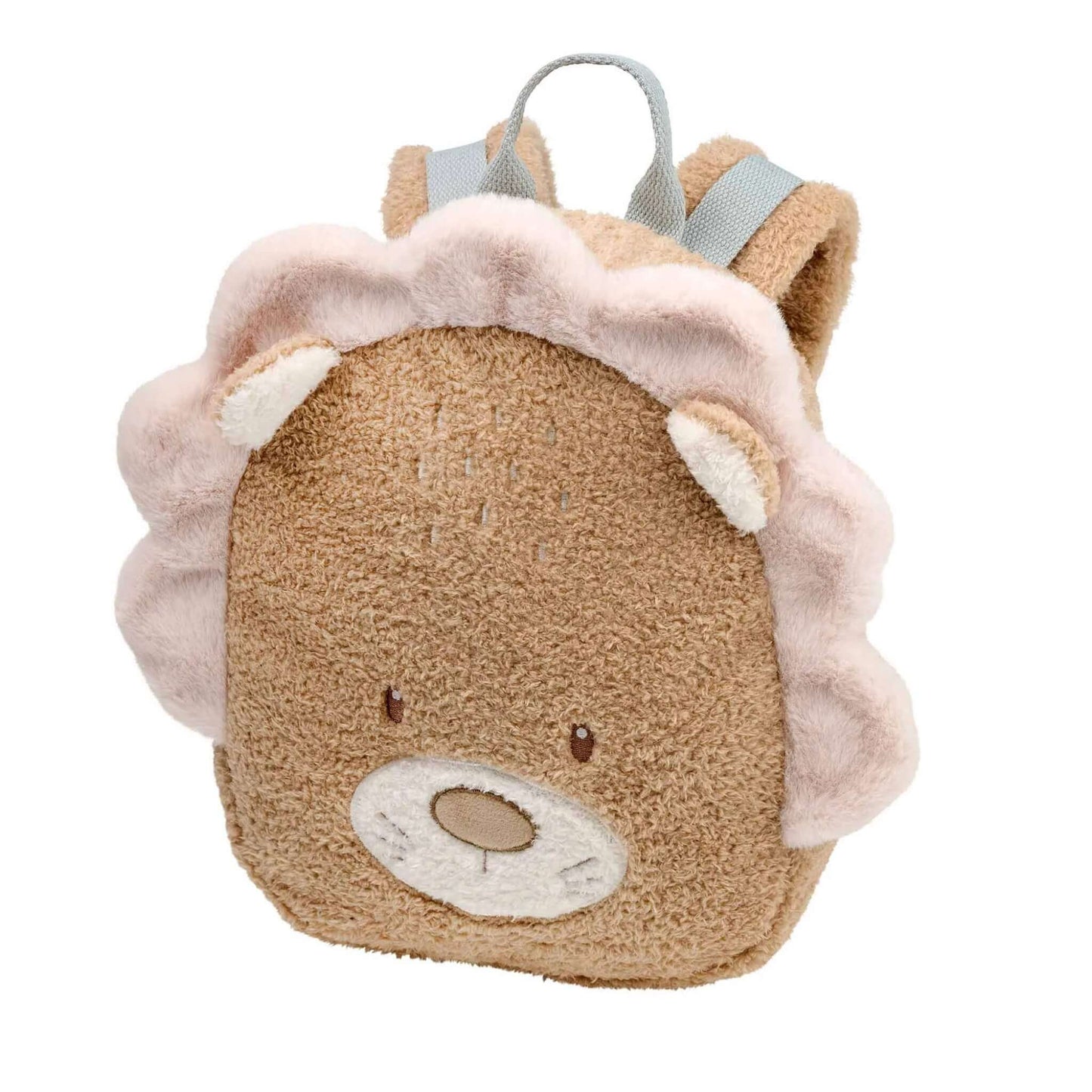 Nattou Teddy Backpack with lion design shown upright with soft textured fabric, plush mane, embroidered facial details and a top zip fastening.
