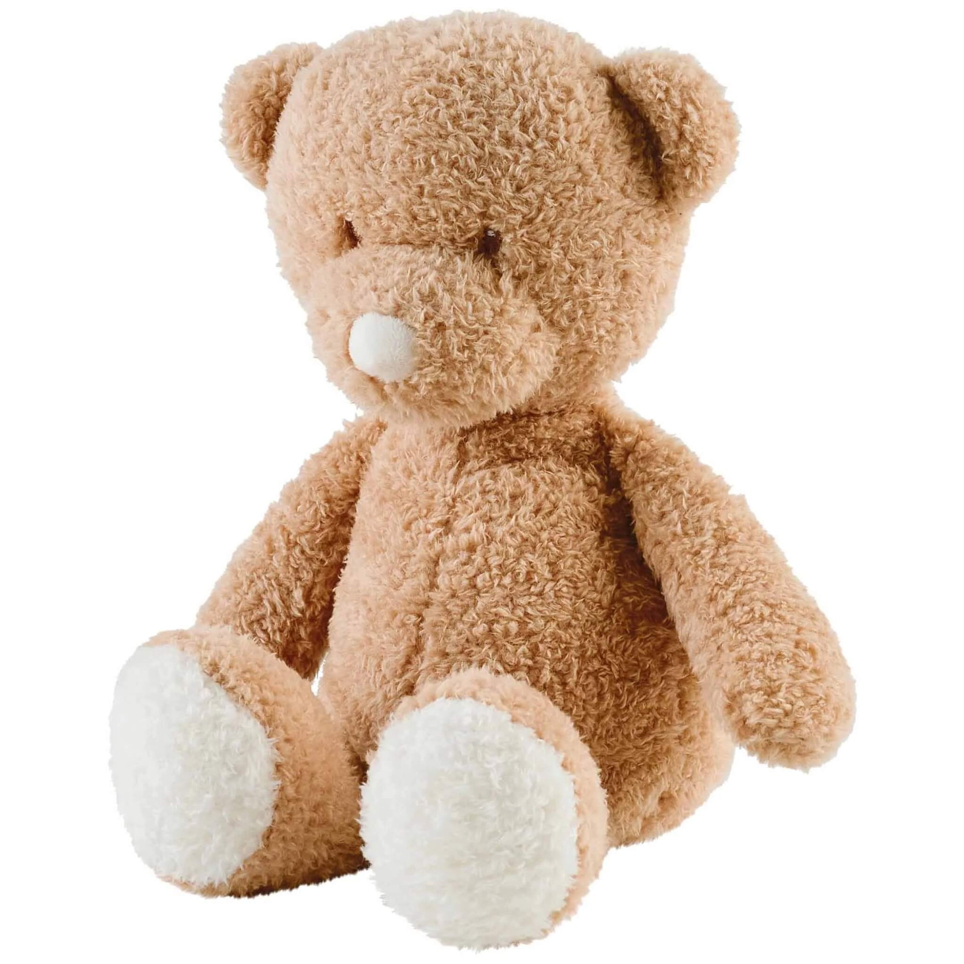 Nattou Teddy Cuddly Bear shown seated with soft textured plush fabric, rounded ears, stitched facial details and contrasting white paws.