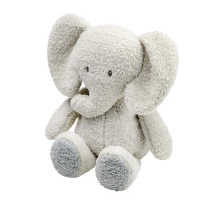 Nattou Teddy Cuddly Elephant shown seated with soft textured plush fabric, large rounded ears, simple stitched eyes and gently curved trunk.