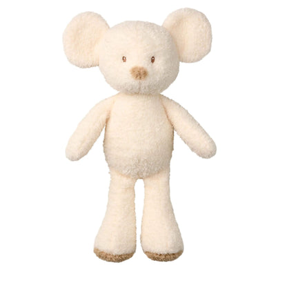 Standing cuddly mouse stuffed animal in soft cream fur, featuring round ears and gentle tan accents.